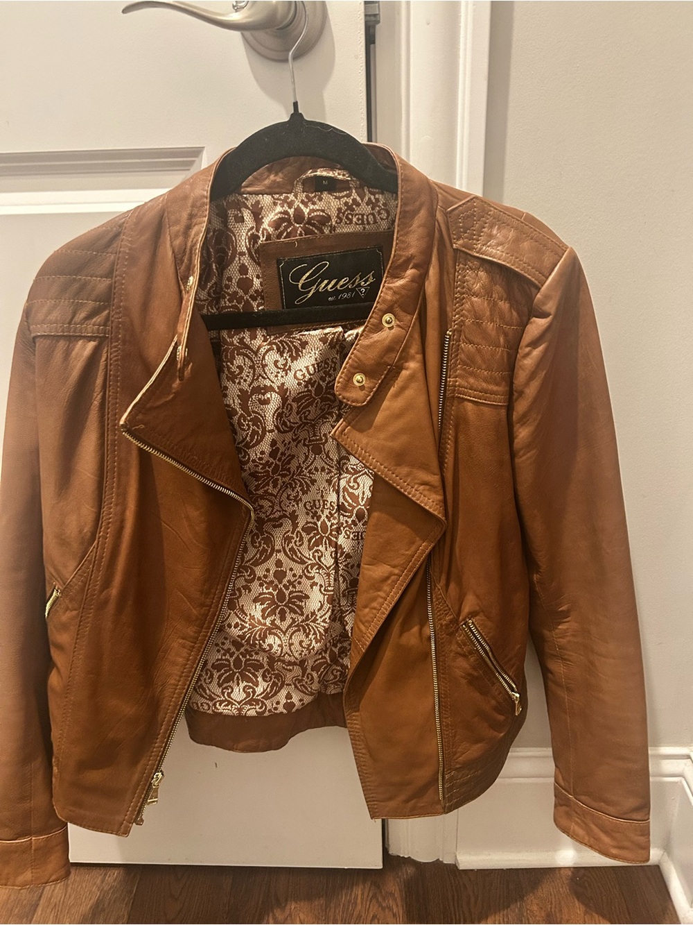 Guess Cropped Leather Moto Jacket in Cognac